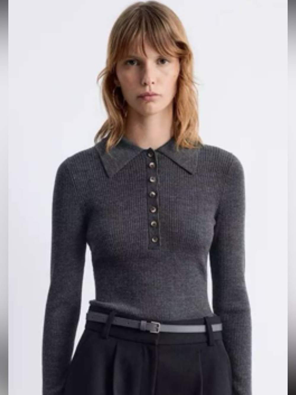 & Other Stories Charcoal Grey Ribbed Button Polo Sweater